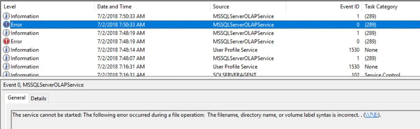 SQL SERVER Analysis Services - Unable to Start Service. Error: The Filename, Directory Name, or Volume Label Syntax is Incorrect