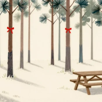 Small red ribbons tied to pine trunks marking a path through a wood to a single picnic table in a clearing.