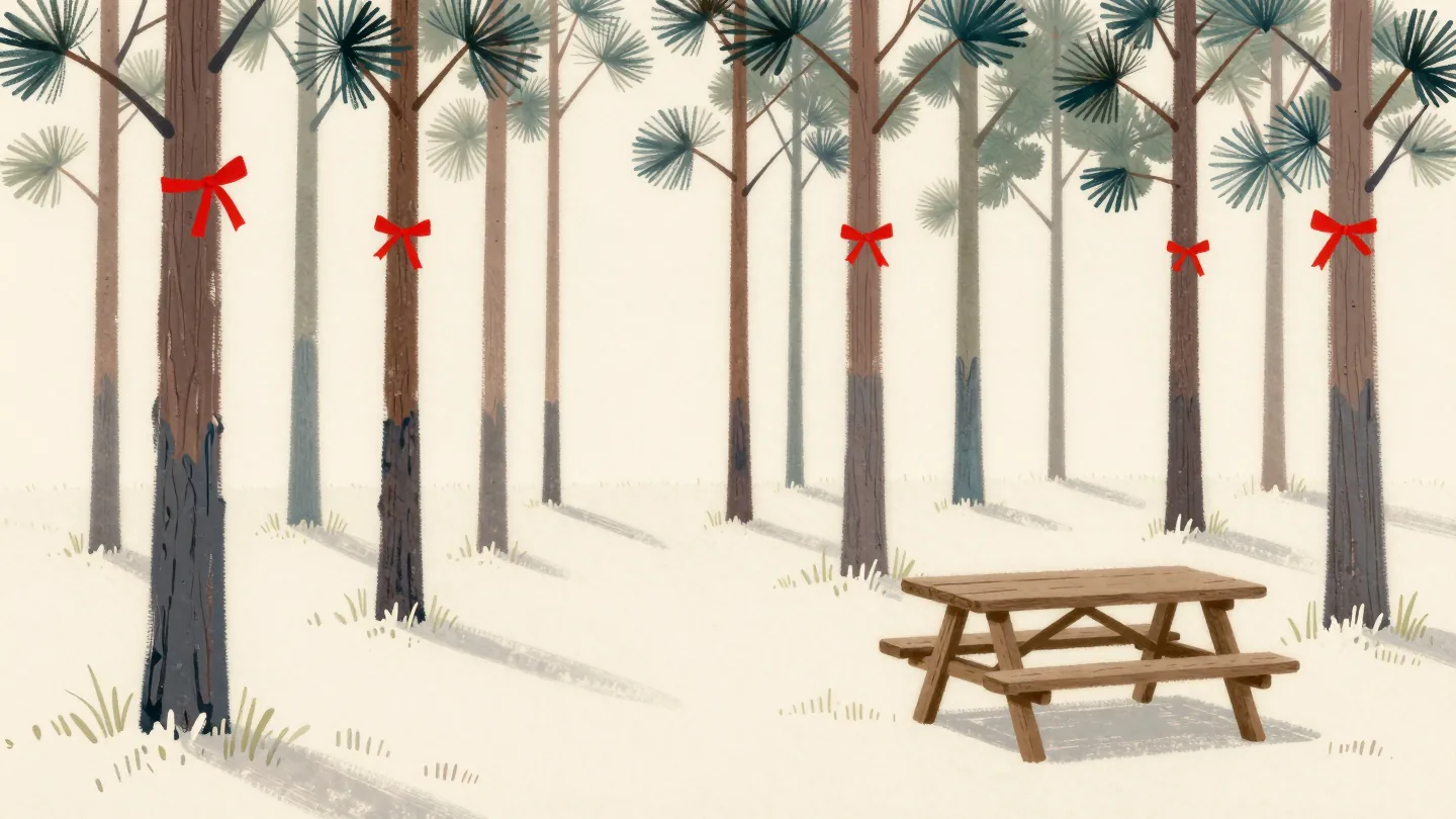 Small red ribbons tied to pine trunks marking a path through a wood to a single picnic table in a clearing.