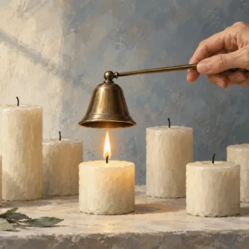 A candle snuffer positioned over one lit candle among several unlit candles