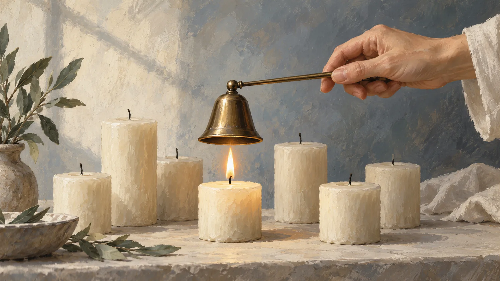 A candle snuffer positioned over one lit candle among several unlit candles