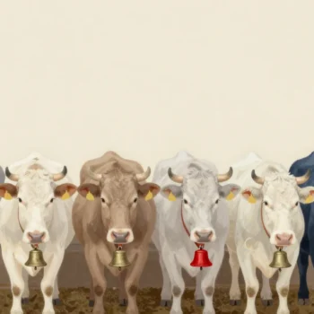 A herd of cattle with distinct bells and a single contrasting red bell