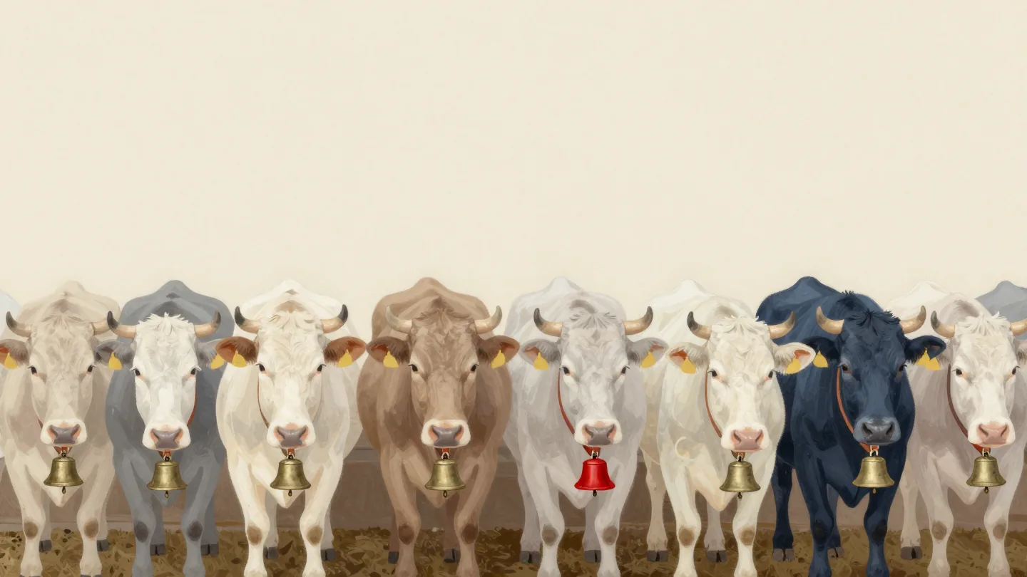 A herd of cattle with distinct bells and a single contrasting red bell