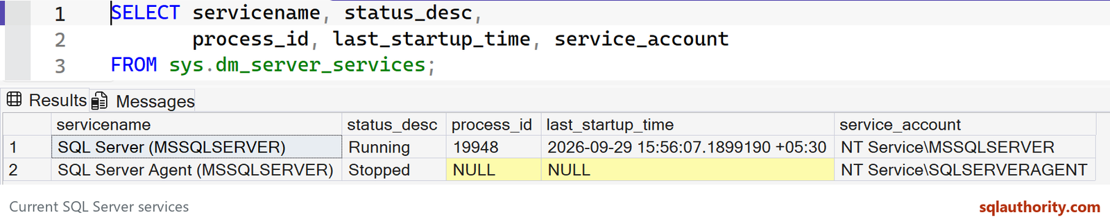 Complete service names, status, PID, startup time and accounts from the current SQL Server instance