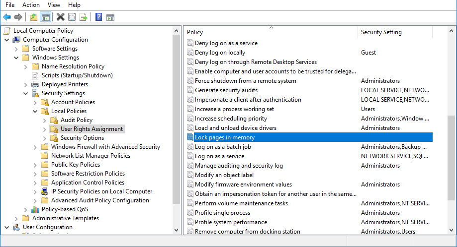 Original Group Policy Editor highlights Lock pages in memory in User Rights Assignment