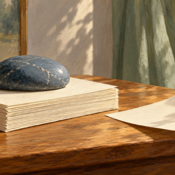 A stone holds a stack of blank pages while a loose page lifts in a breeze