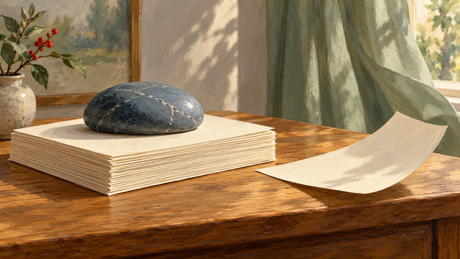 A stone holds a stack of blank pages while a loose page lifts in a breeze
