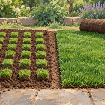 One garden bed filled with individual grass plugs beside another filled with rolled turf