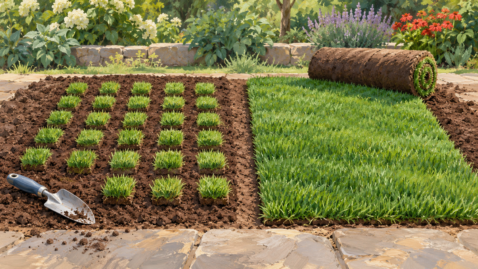 One garden bed filled with individual grass plugs beside another filled with rolled turf