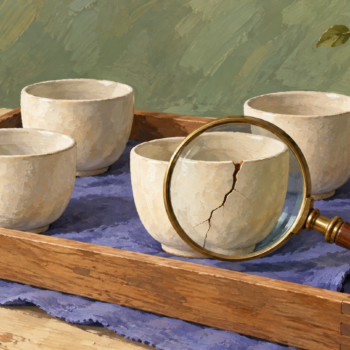 A magnifying glass highlights a crack in one ceramic cup among intact cups
