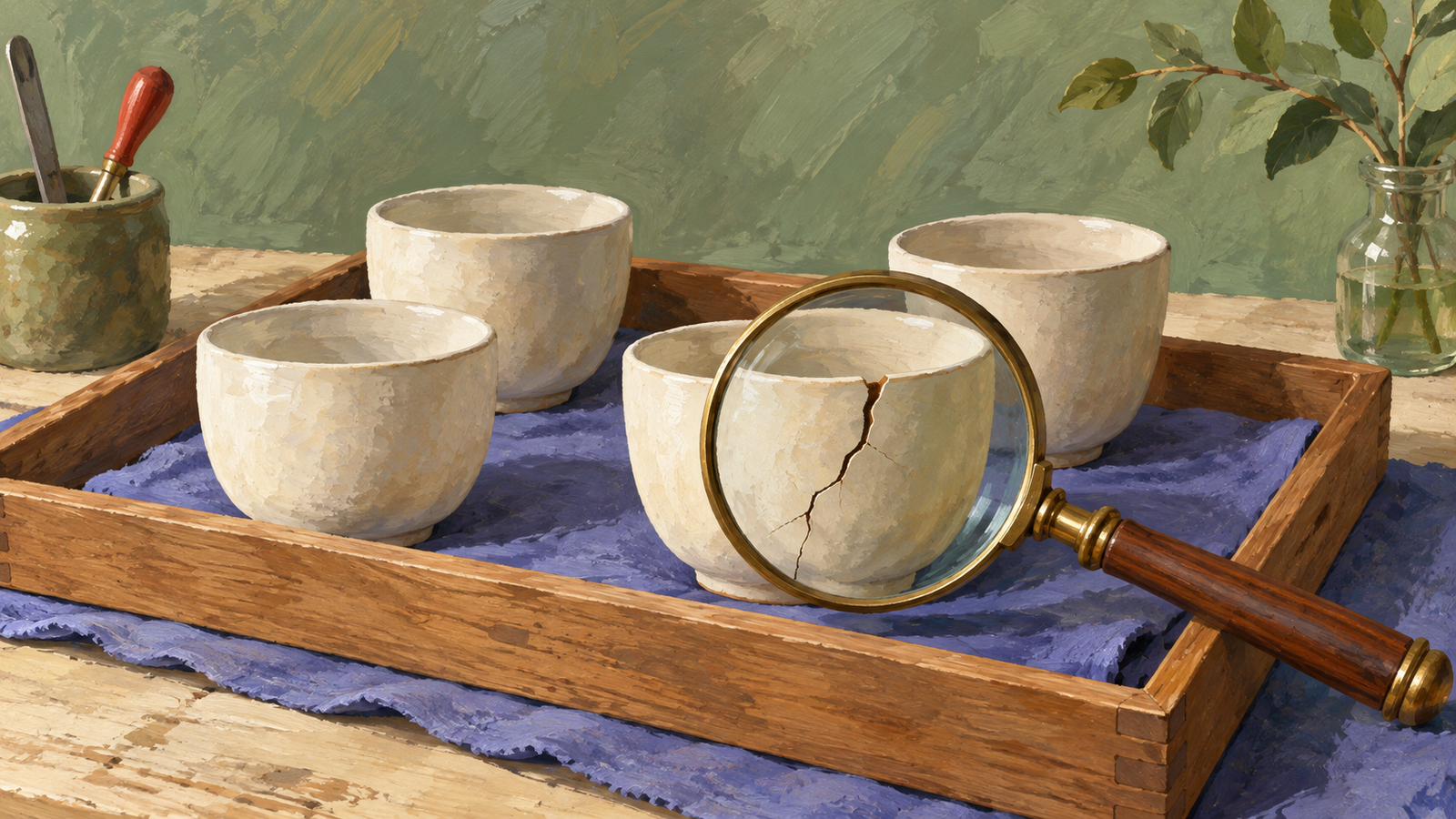 A magnifying glass highlights a crack in one ceramic cup among intact cups