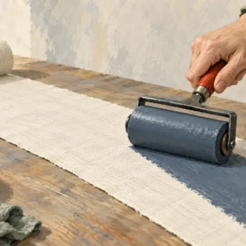 An ink brayer leaving a new continuous track while earlier linen stays clean