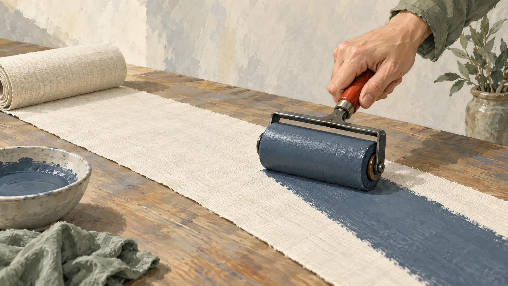 An ink brayer leaving a new continuous track while earlier linen stays clean