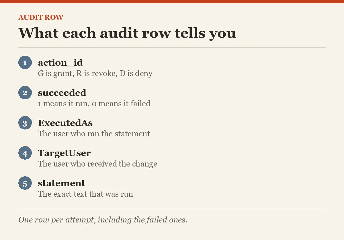 What each audit row tells you