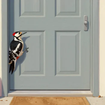 A woodpecker tapping on a closed front door frame, a red doorbell untouched beside it