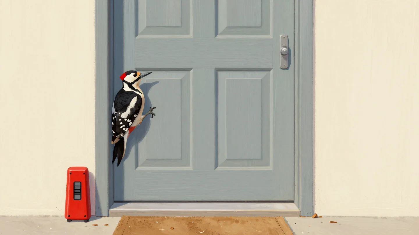 A woodpecker tapping on a closed front door frame, a red doorbell untouched beside it