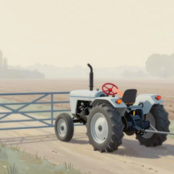 A tractor at a field gate with an empty seat, a hand reaching up for its red steering wheel