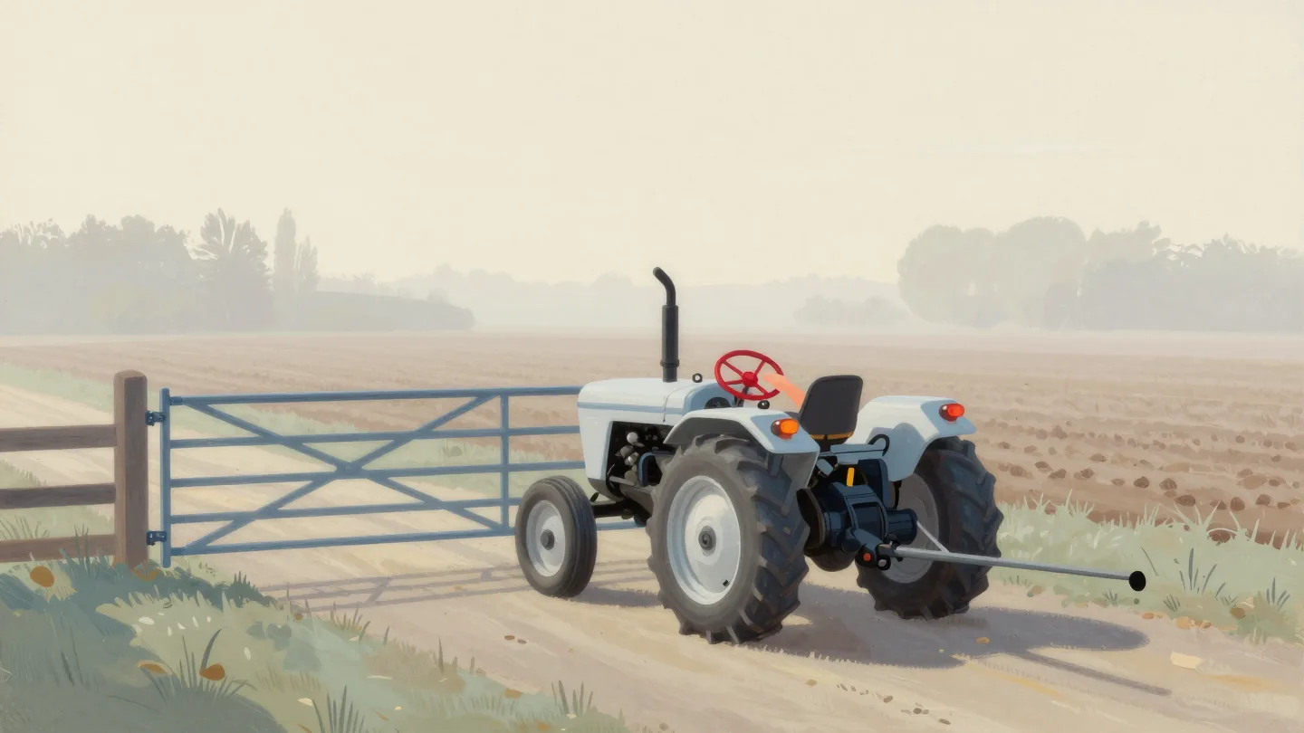 A tractor at a field gate with an empty seat, a hand reaching up for its red steering wheel