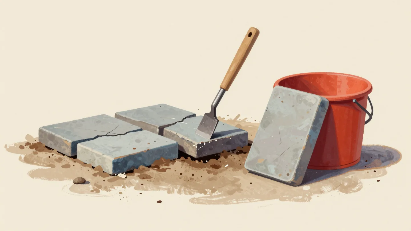 A crowbar lifting a cracked paving slab from a garden path, a new slab leaning on a red bucket