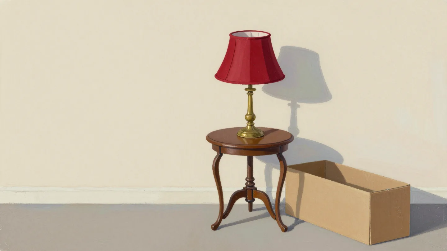 A hand fitting a new red lampshade onto an existing brass lamp base, a boxed new lamp pushed aside