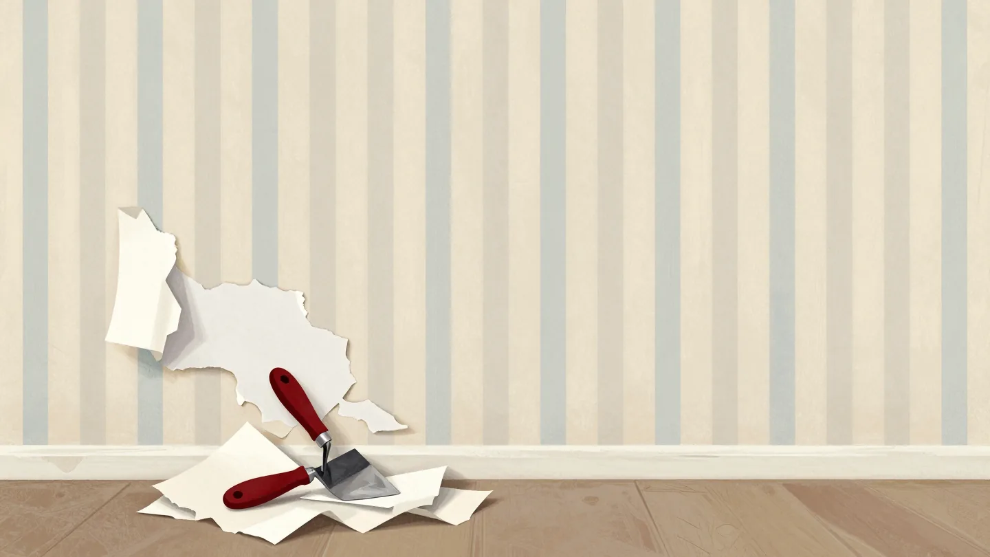 A wall with torn strips of old wallpaper still clinging, a red-handled scraper below