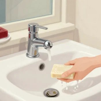 A hand washing with a thin worn sliver of soap while a new red bar dries on the windowsill.