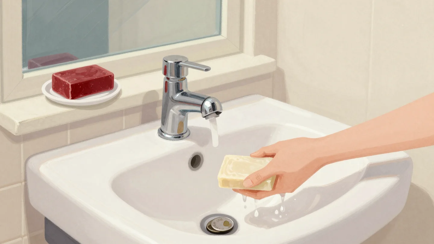 A hand washing with a thin worn sliver of soap while a new red bar dries on the windowsill.