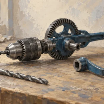 A fitted drill chuck and bit with the hand drill drive disengaged