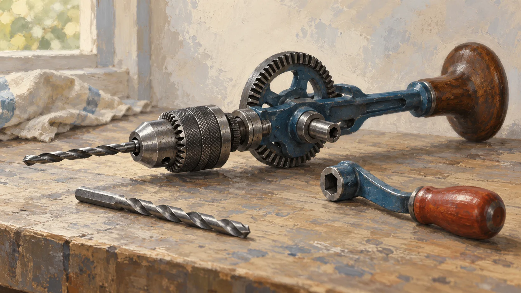 A fitted drill chuck and bit with the hand drill drive disengaged