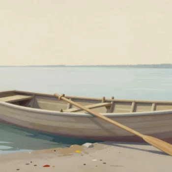 A rowboat with an oversized oar laid across it, sticking out both sides, a red ribbon on the handle