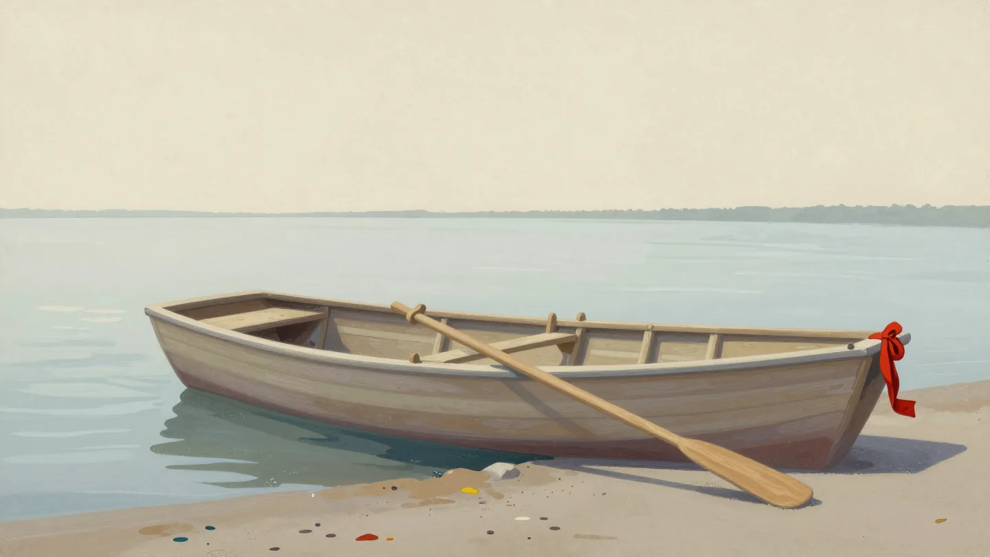 A rowboat with an oversized oar laid across it, sticking out both sides, a red ribbon on the handle