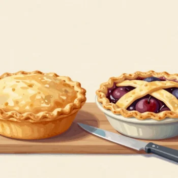 Two pies cooling on a board, one with a solid crust and one with a lattice showing the filling