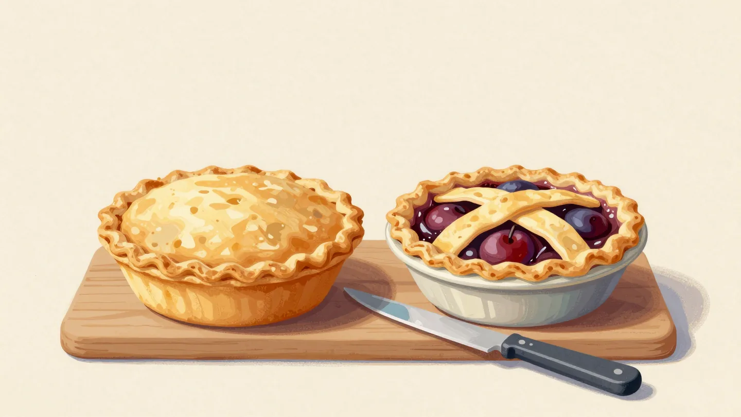 Two pies cooling on a board, one with a solid crust and one with a lattice showing the filling