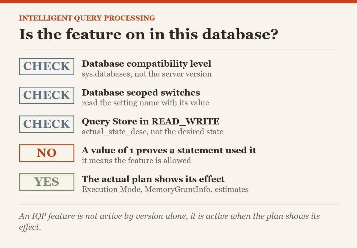 Is the feature on in this database?: a checklist on the intelligent query processing
