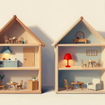 Two identical dollhouses side by side, each with lights on in different rooms.