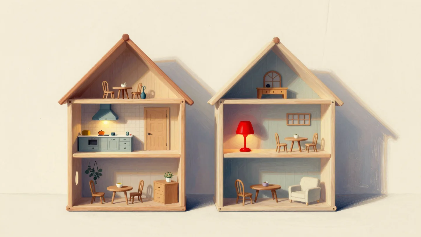 Two identical dollhouses side by side, each with lights on in different rooms.