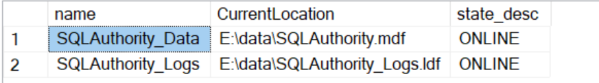 Original final query shows both SQLAuthority files ONLINE at their E drive destinations