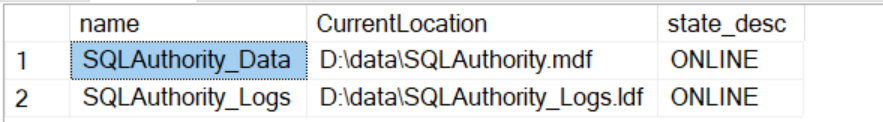Original SQLAuthority data and log file locations on D drive, both ONLINE
