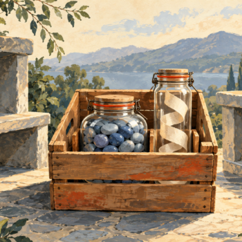 Two different sealed jars travel together in a wooden crate between stone shelves
