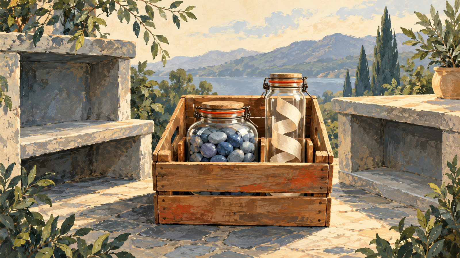 Two different sealed jars travel together in a wooden crate between stone shelves