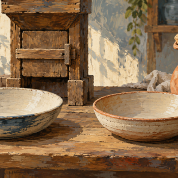 Two empty bowls receive nothing from a closed wooden gate and a plugged pottery jug
