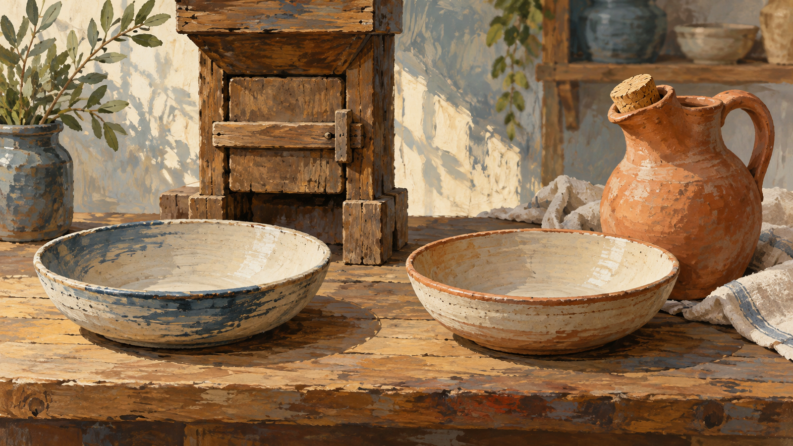 Two empty bowls receive nothing from a closed wooden gate and a plugged pottery jug