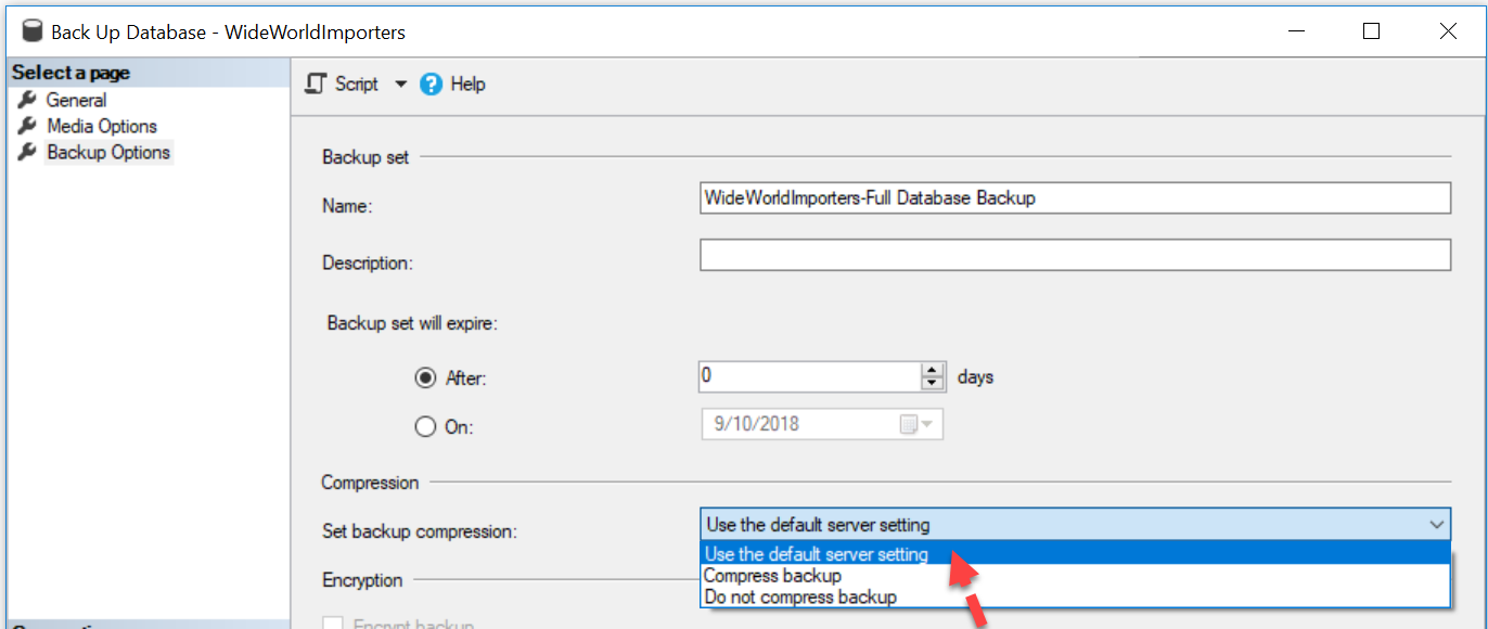 Original backup compression dropdown offers server default, compression and no compression