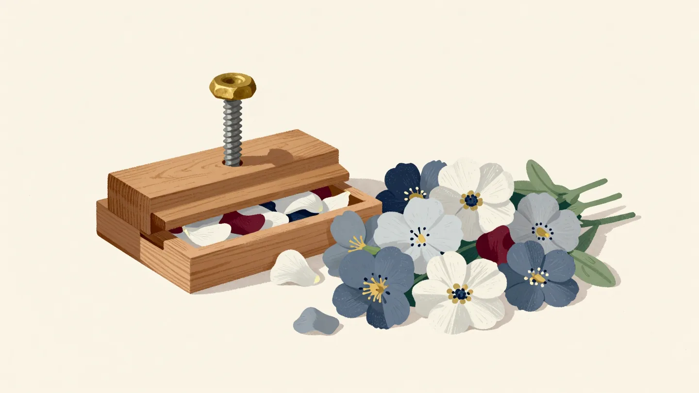 A wooden flower press compresses flowers between its boards