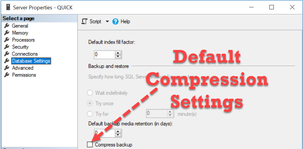 Original Server Properties Database Settings includes Compress backup checkbox