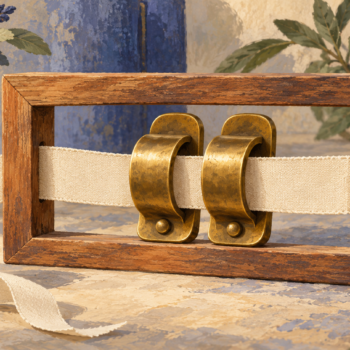 Two matching brass clips hold a ribbon safely inside a wooden frame