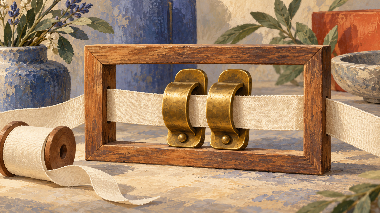 Two matching brass clips hold a ribbon safely inside a wooden frame