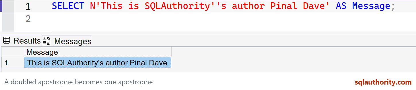 Native SSMS complete escaped apostrophe query and matching result
