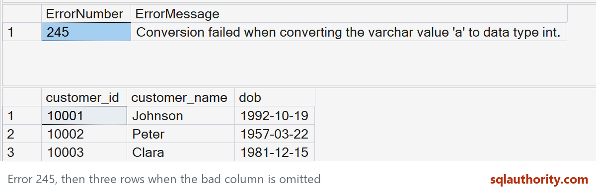 Native SSMS error 245 followed by three rows when the invalid view column is not selected