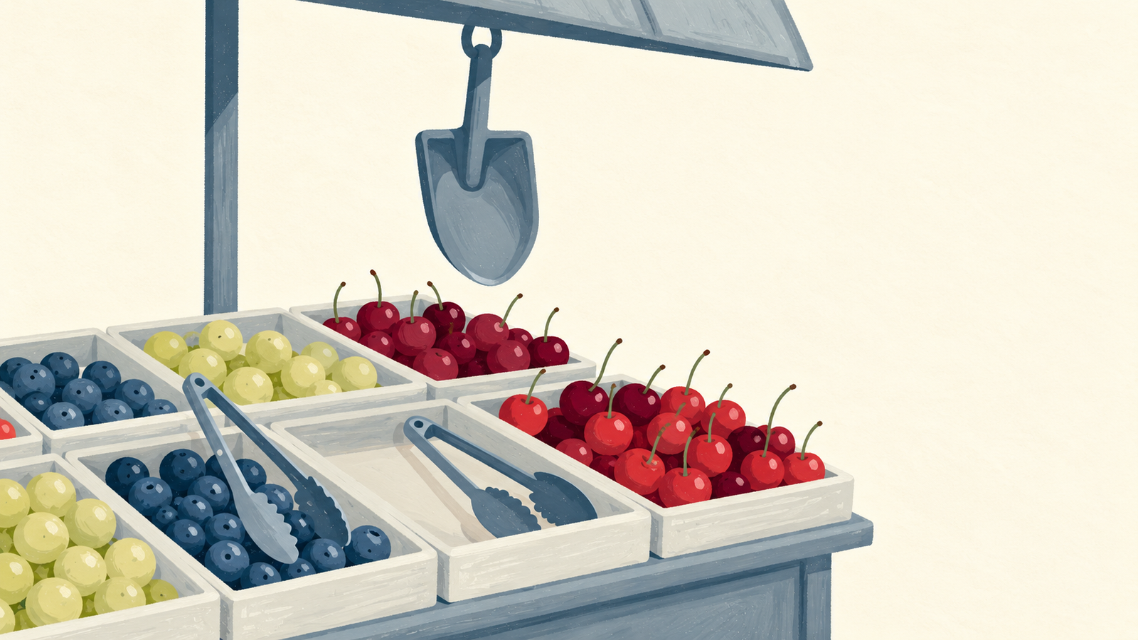 Tongs select individual fruit while a shovel would scoop everything